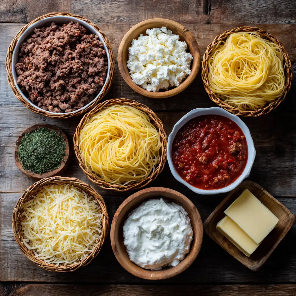 Neatly arranged ingredients for Million Dollar Spaghetti on rustic wooden table