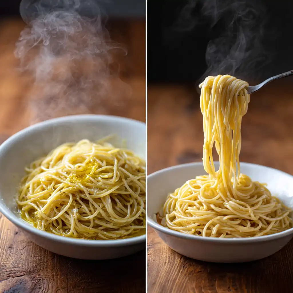 Cooked spaghetti tossed with melted butter in white ceramic dish