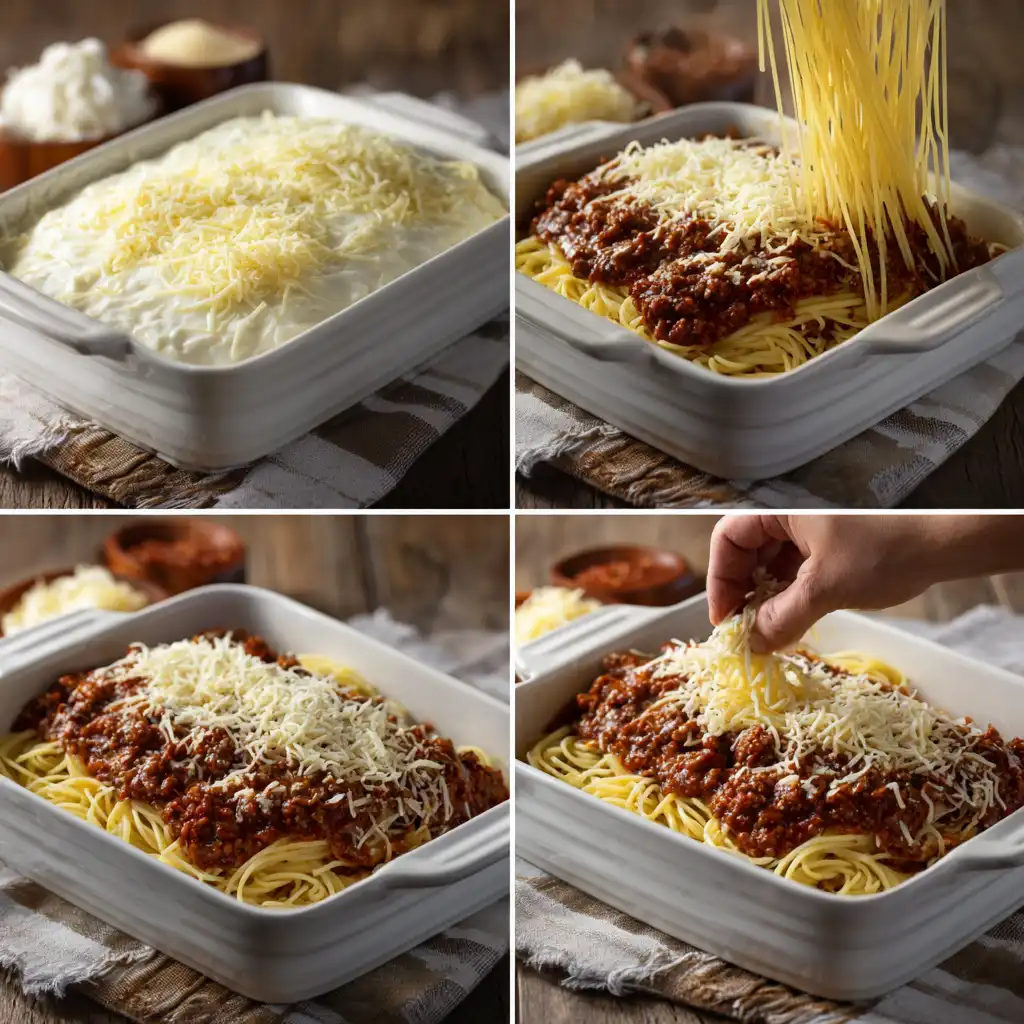 Layering spaghetti with creamy cheese mixture and meat marinara sauce