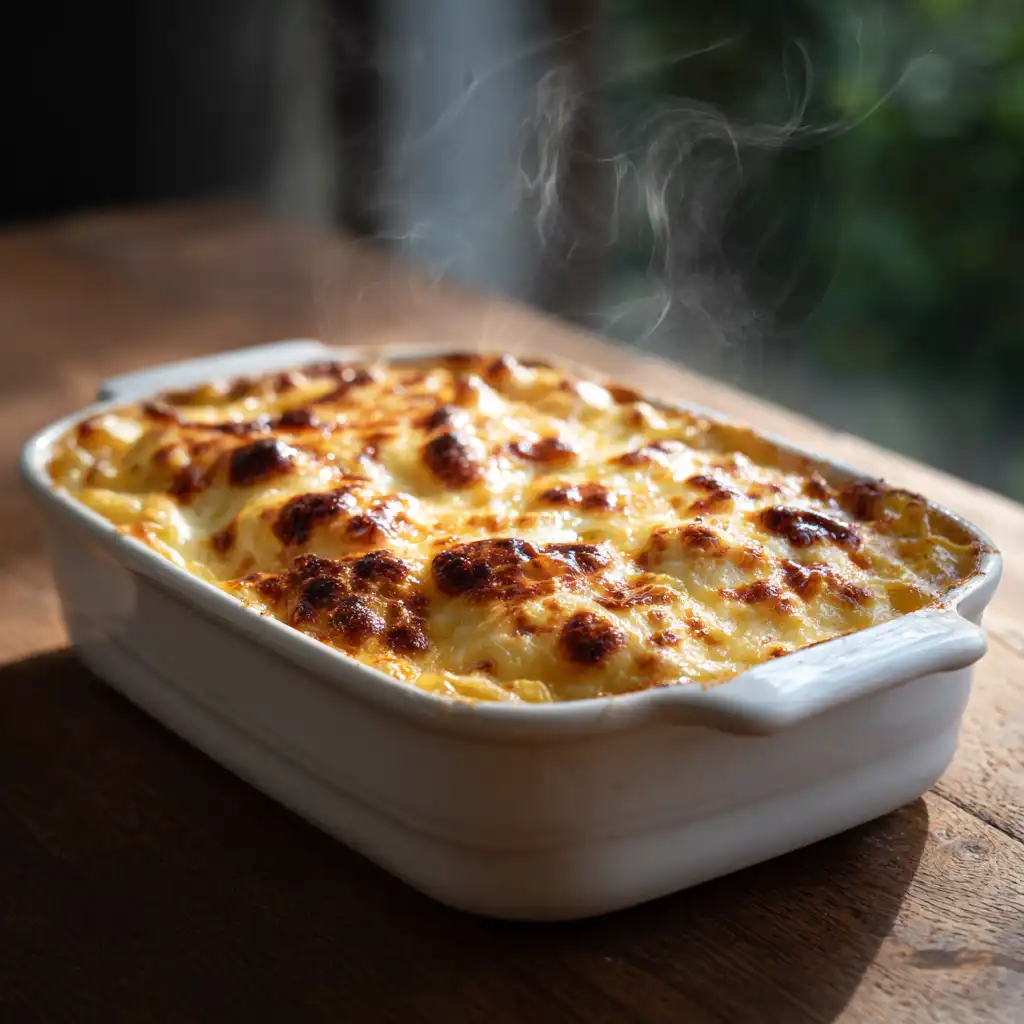 Baked Million Dollar Spaghetti casserole with golden bubbling cheese