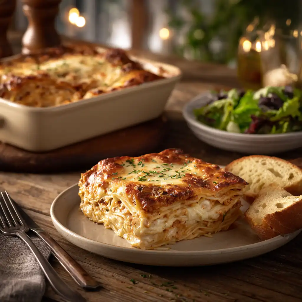 Slice of Million Dollar Spaghetti served with garlic bread and salad
