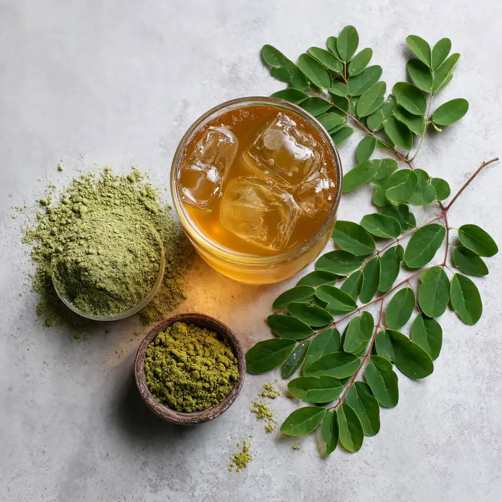 Moringa leaves and powder with iced tea glass