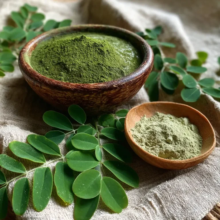 Fresh moringa leaves and powder in rustic kitchen