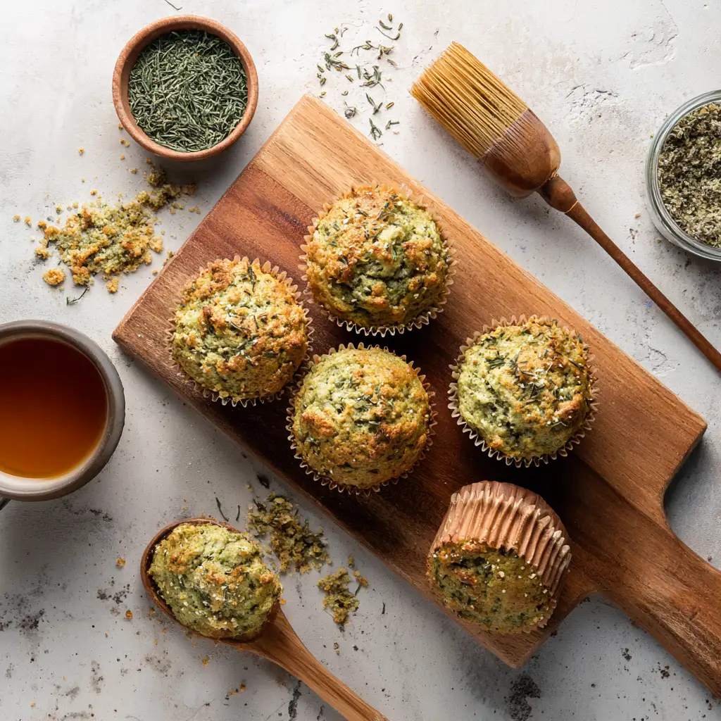Homemade moringa muffins on wooden board
