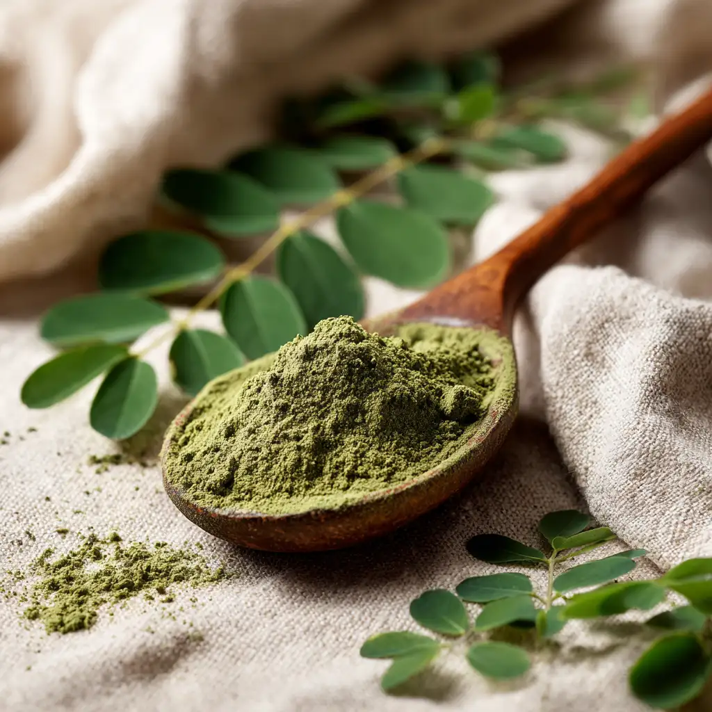 Moringa powder and fresh leaves on table