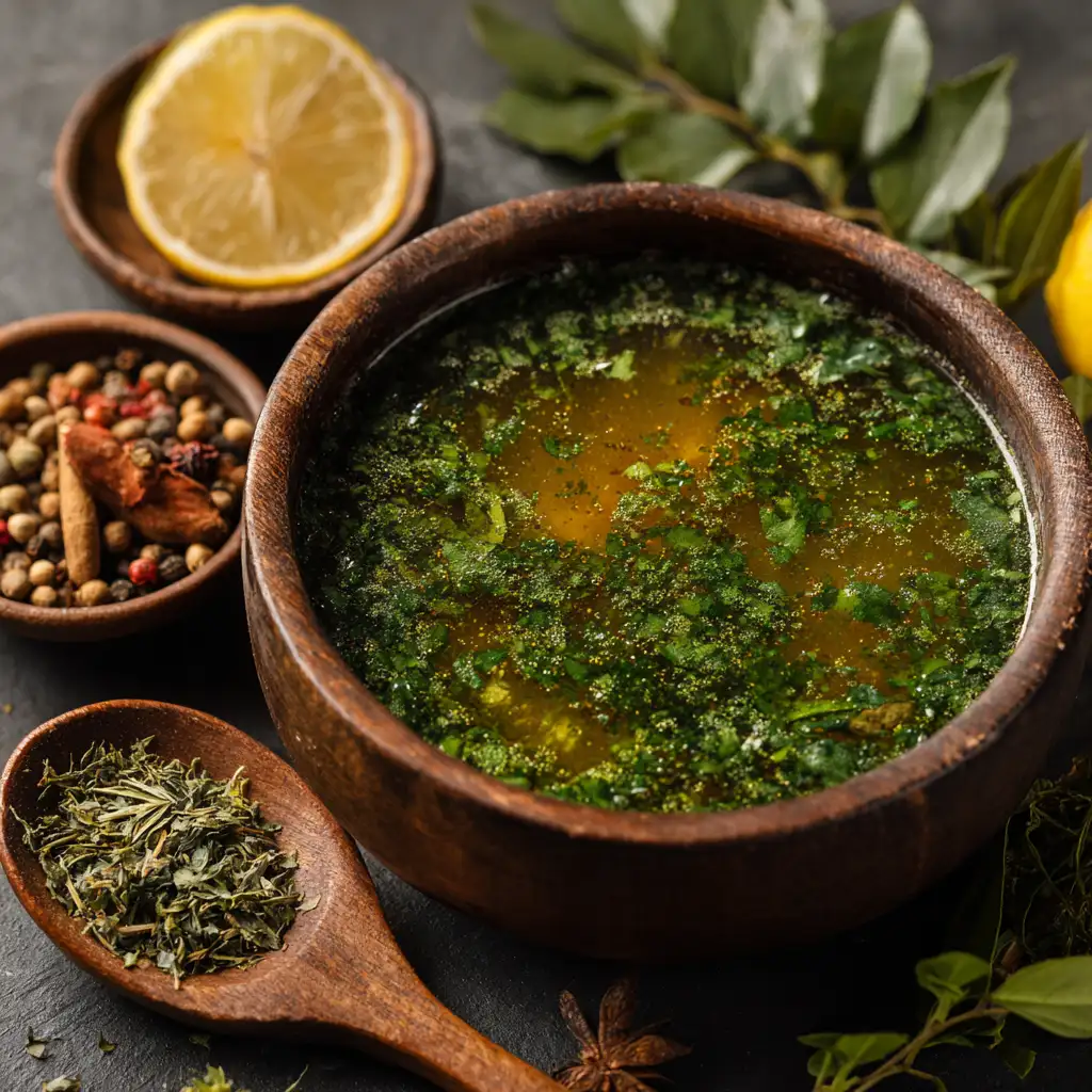 Bowl of moringa soup with herbs and spices