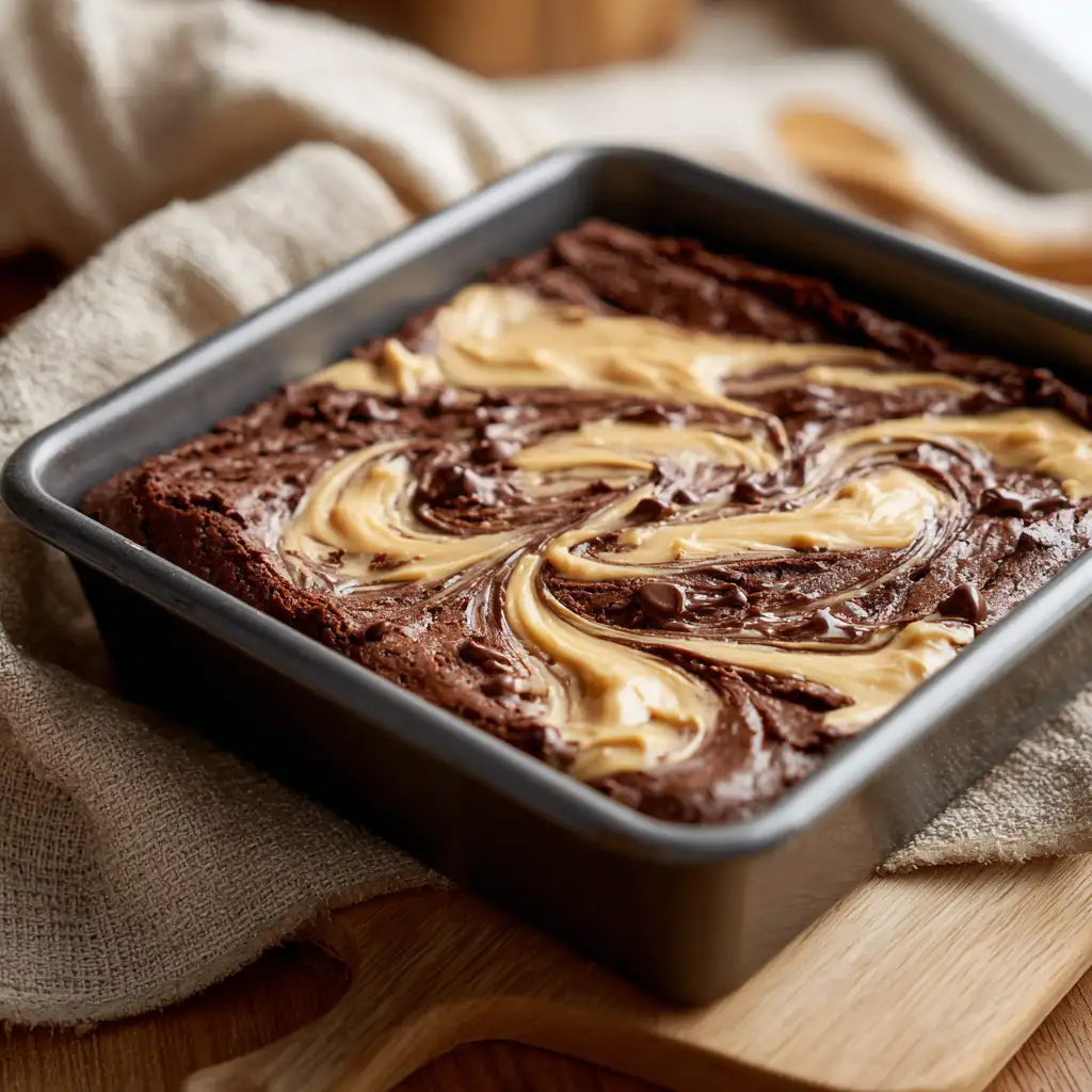 Peanut butter brownie batter with creamy swirl