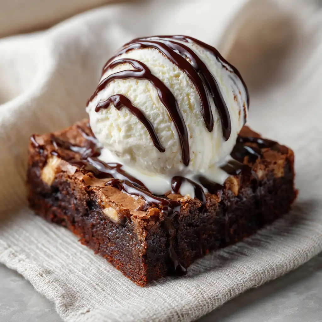 Peanut butter brownie topped with ice cream and drizzle