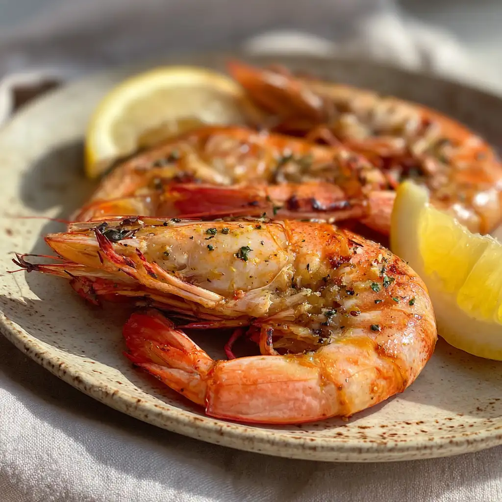 Cooked rock shrimp with lemon wedges