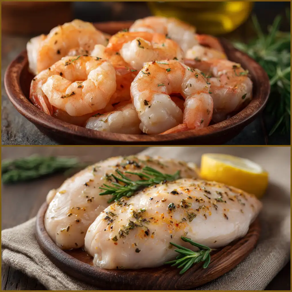 Shrimp and chicken breast on cutting board