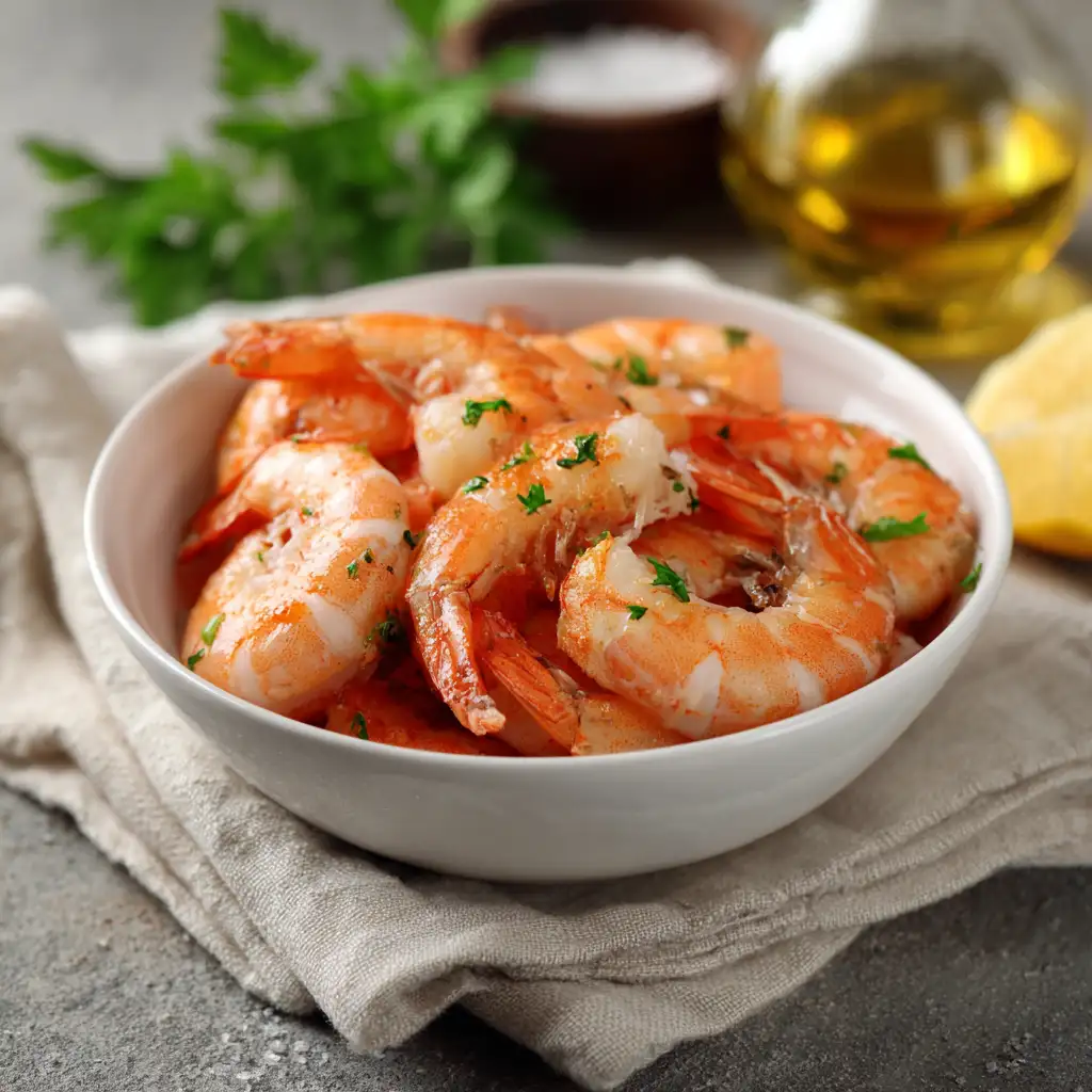 Steamed shrimp in a bowl with herbs