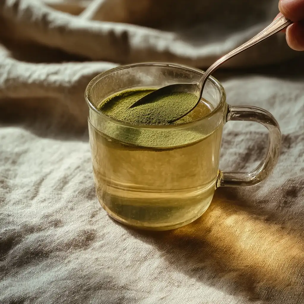 Stirring moringa powder in hot water