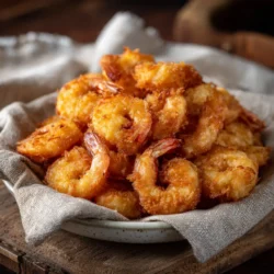 Golden crispy battered shrimp on rustic cloth