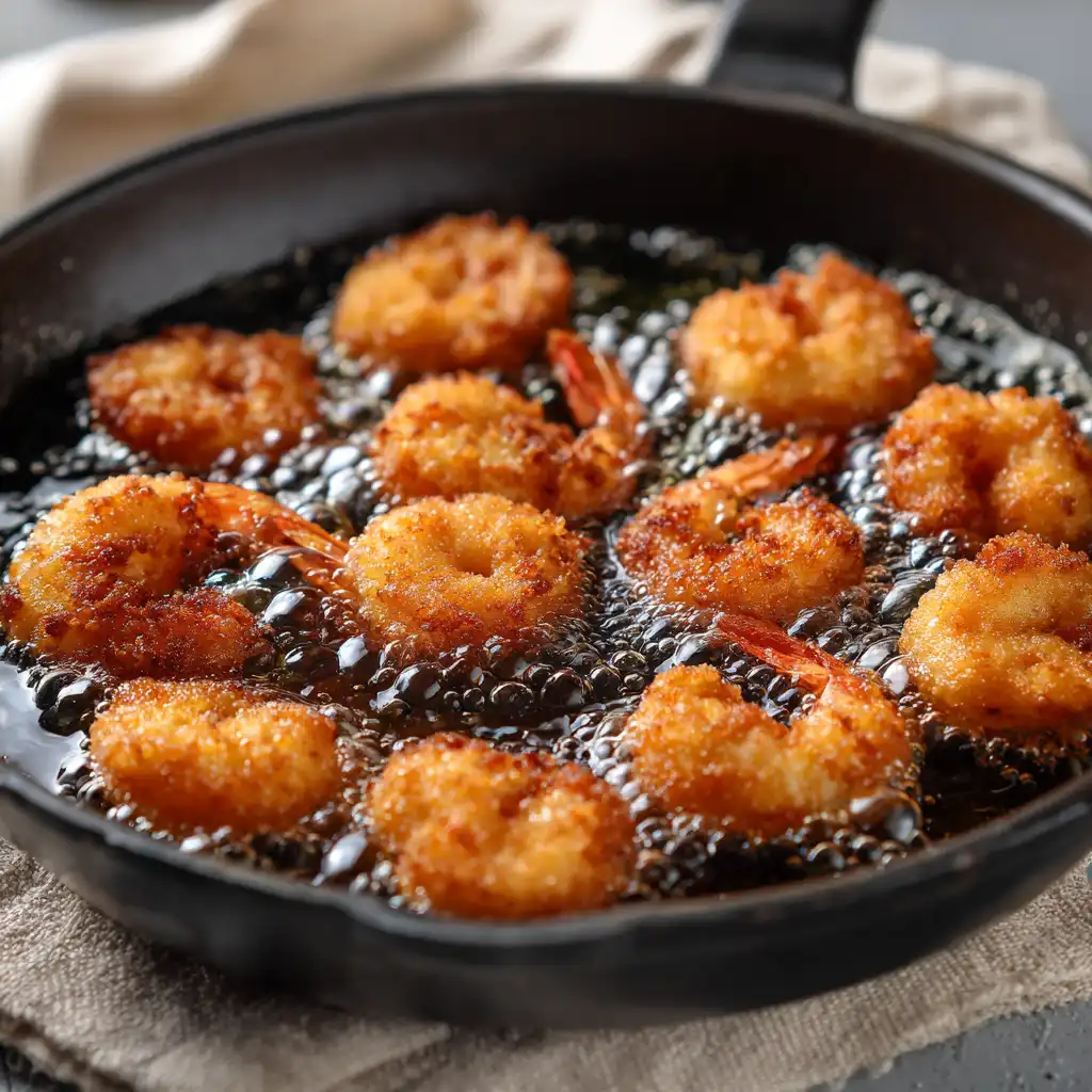 Shrimp frying in hot oil