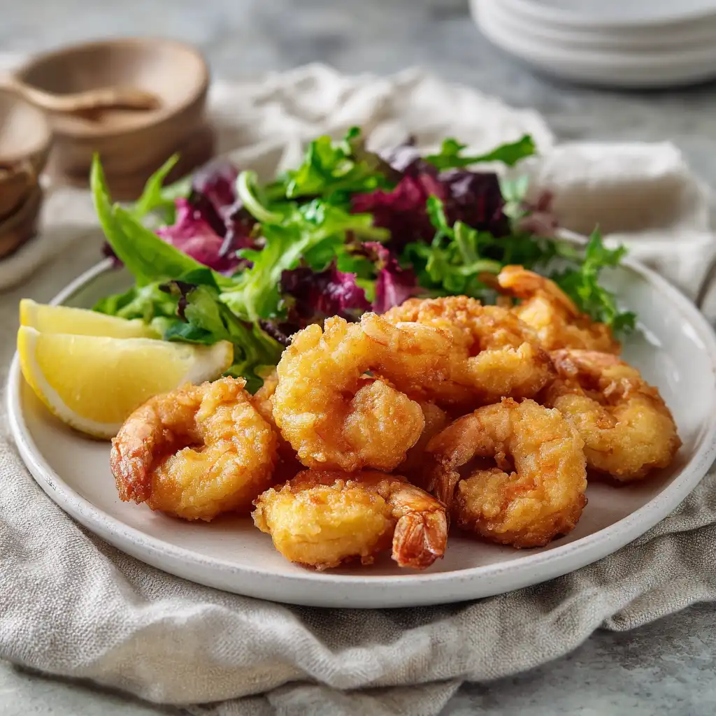 Battered shrimp with salad and lemon
