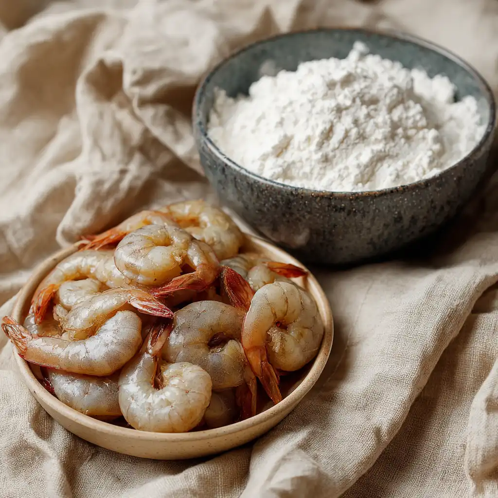 Raw shrimp with batter ingredients