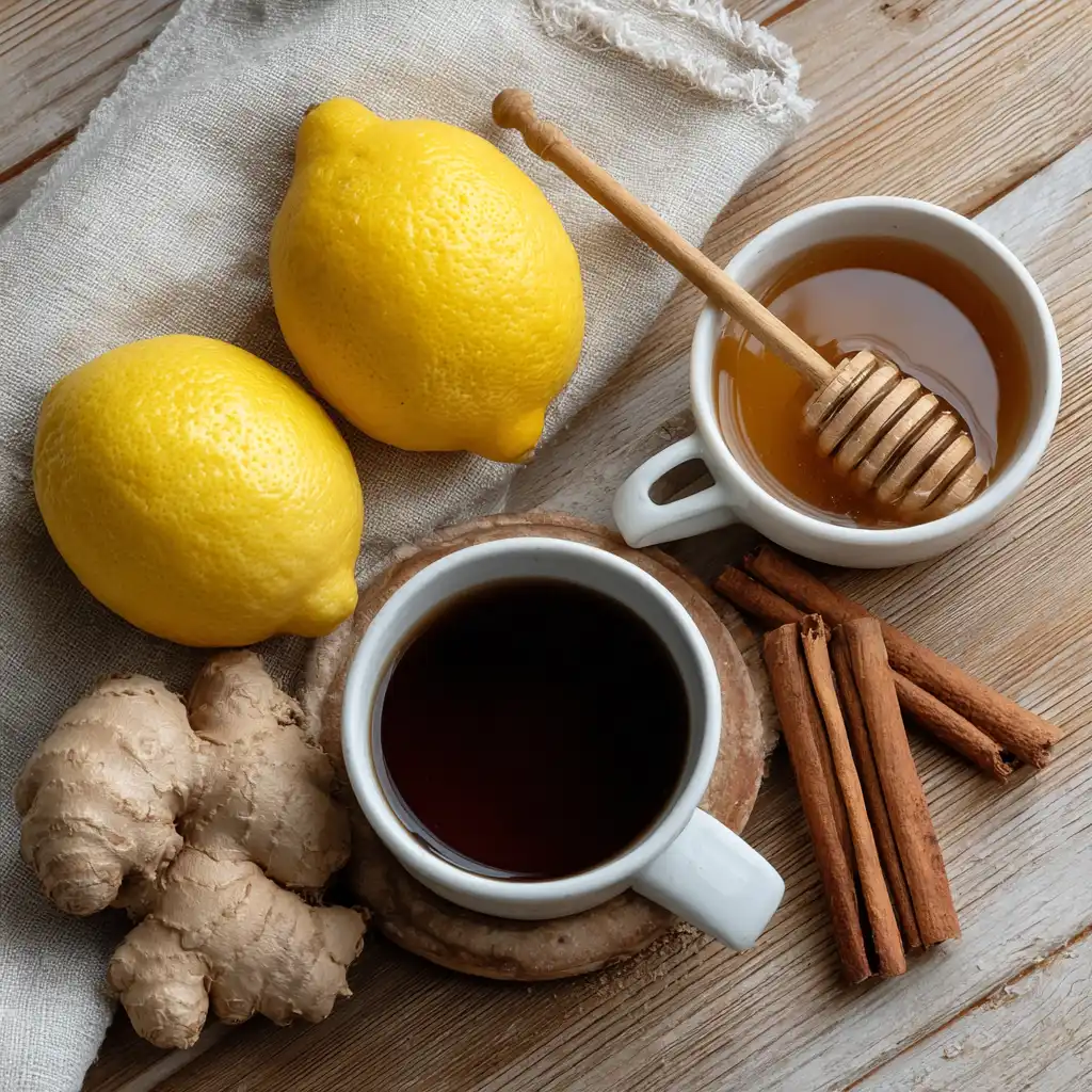 Ingredients for belly fat drink recipe with lemon ginger honey and cinnamon