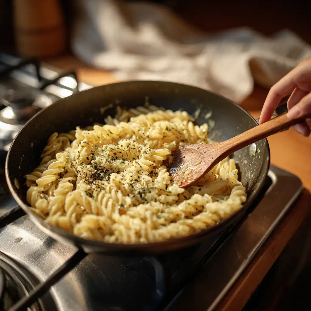 Chef reheating pesto pasta with double boiler