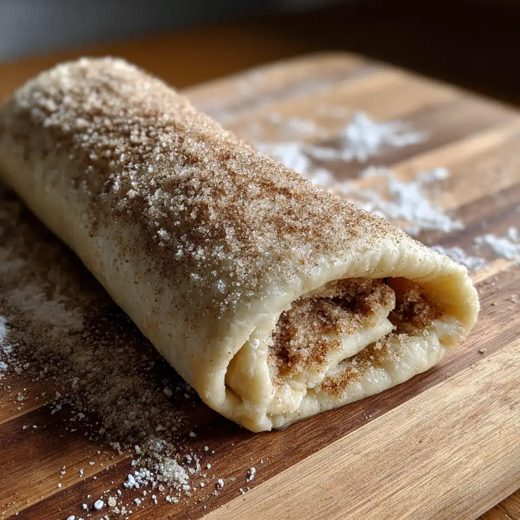 Cinnamon sugar filling being sprinkled on rolled dough