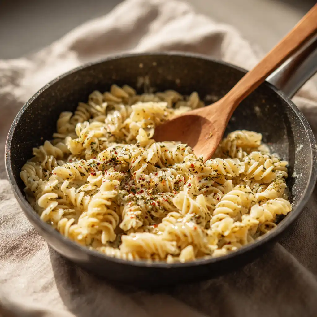 Creamy reheating pesto pasta in a pan
