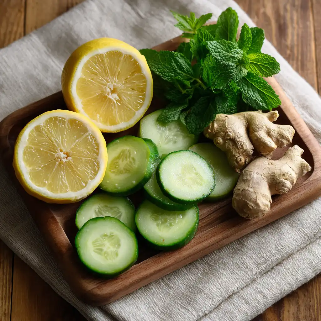 Lemon ginger cucumber mint ingredients for lymphatic drainage drink recipe