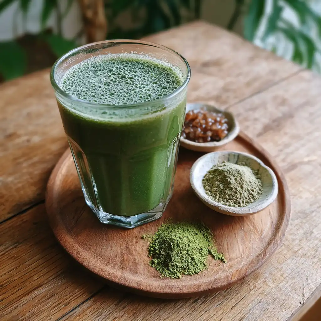 Moringa smoothie with ingredients on wooden tray including moringa powder and sweeteners