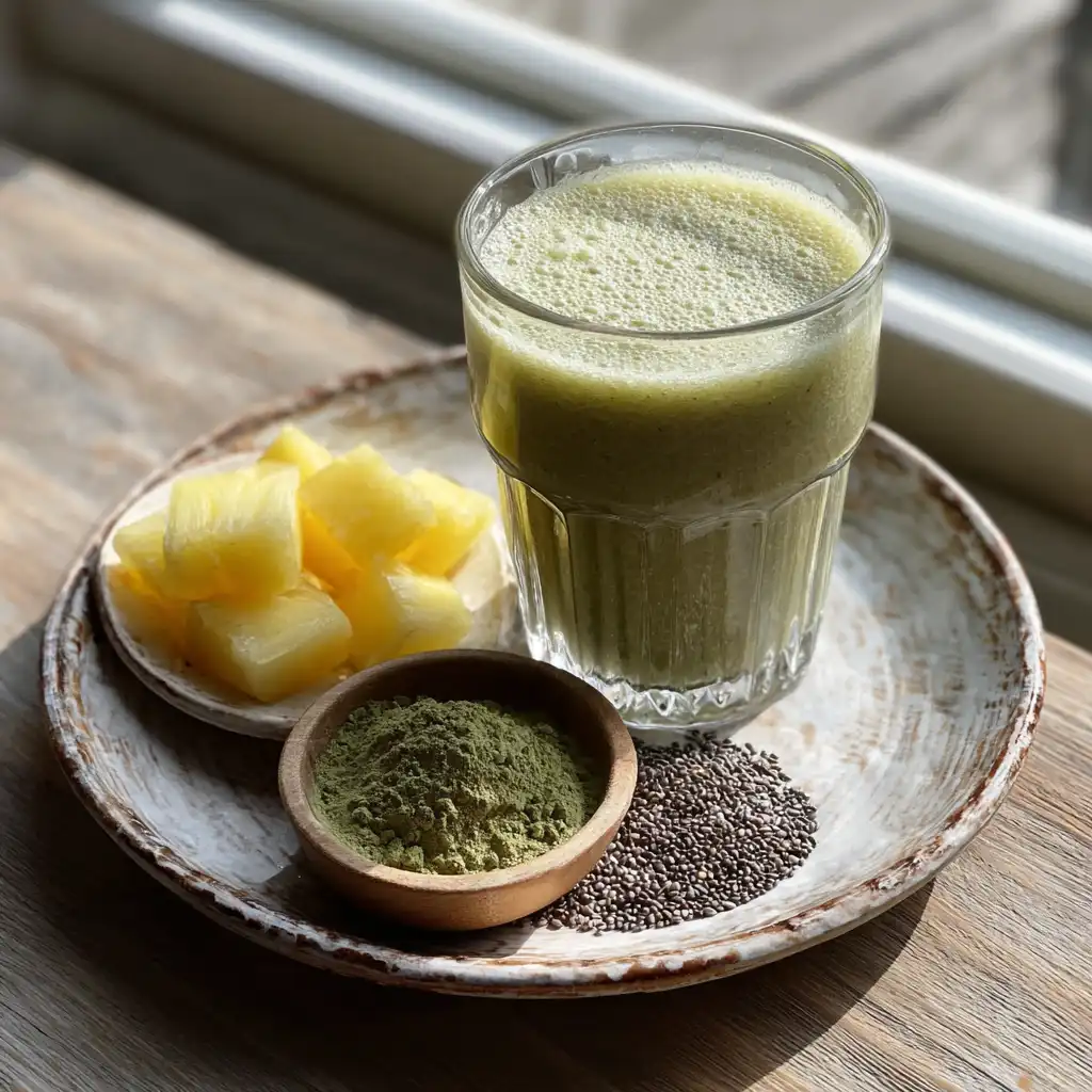 Moringa smoothie with pineapple chunks, chia seeds, and moringa powder on a plate