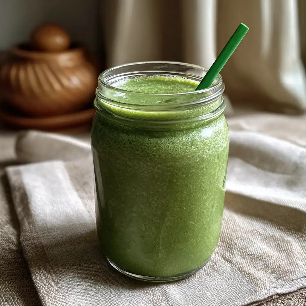 Moringa smoothie without banana served in a mason jar with green straw