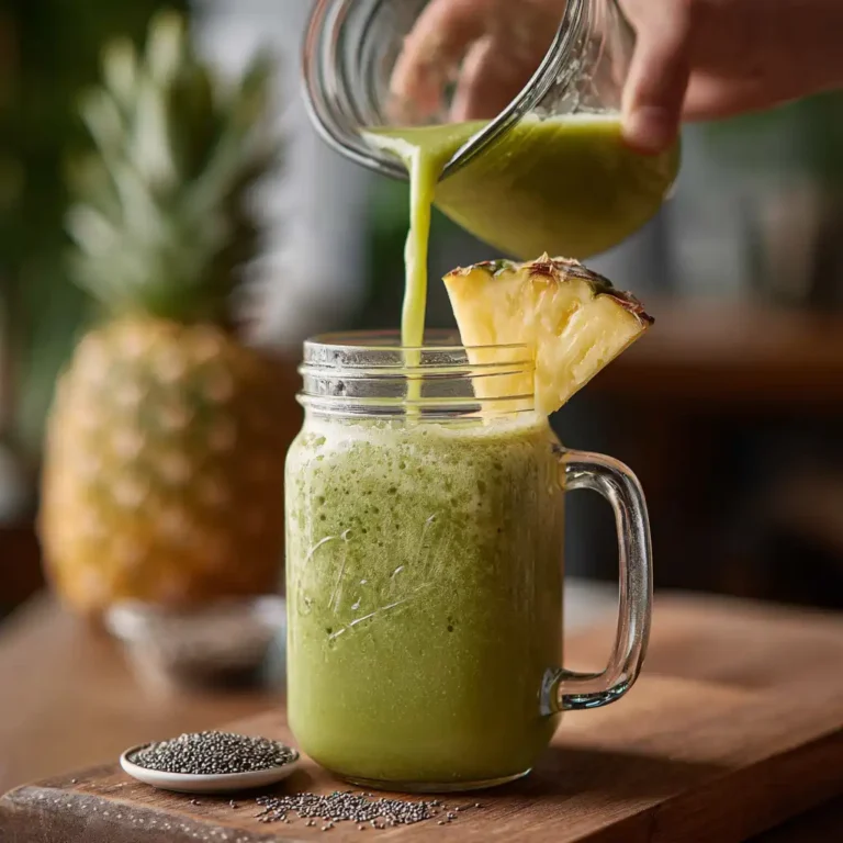 Pouring moringa smoothie without banana into mason jar with pineapple garnish