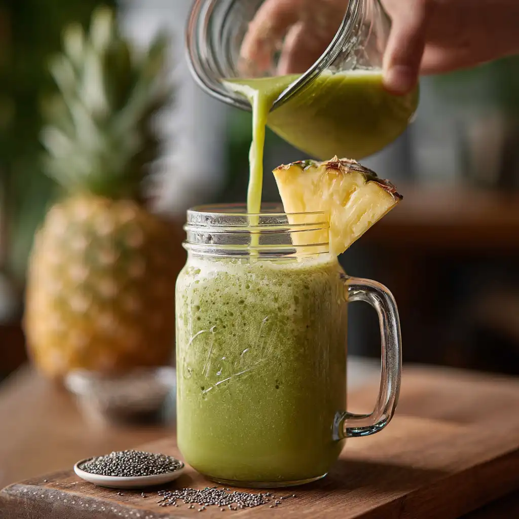 Pouring moringa smoothie without banana into mason jar with pineapple garnish
