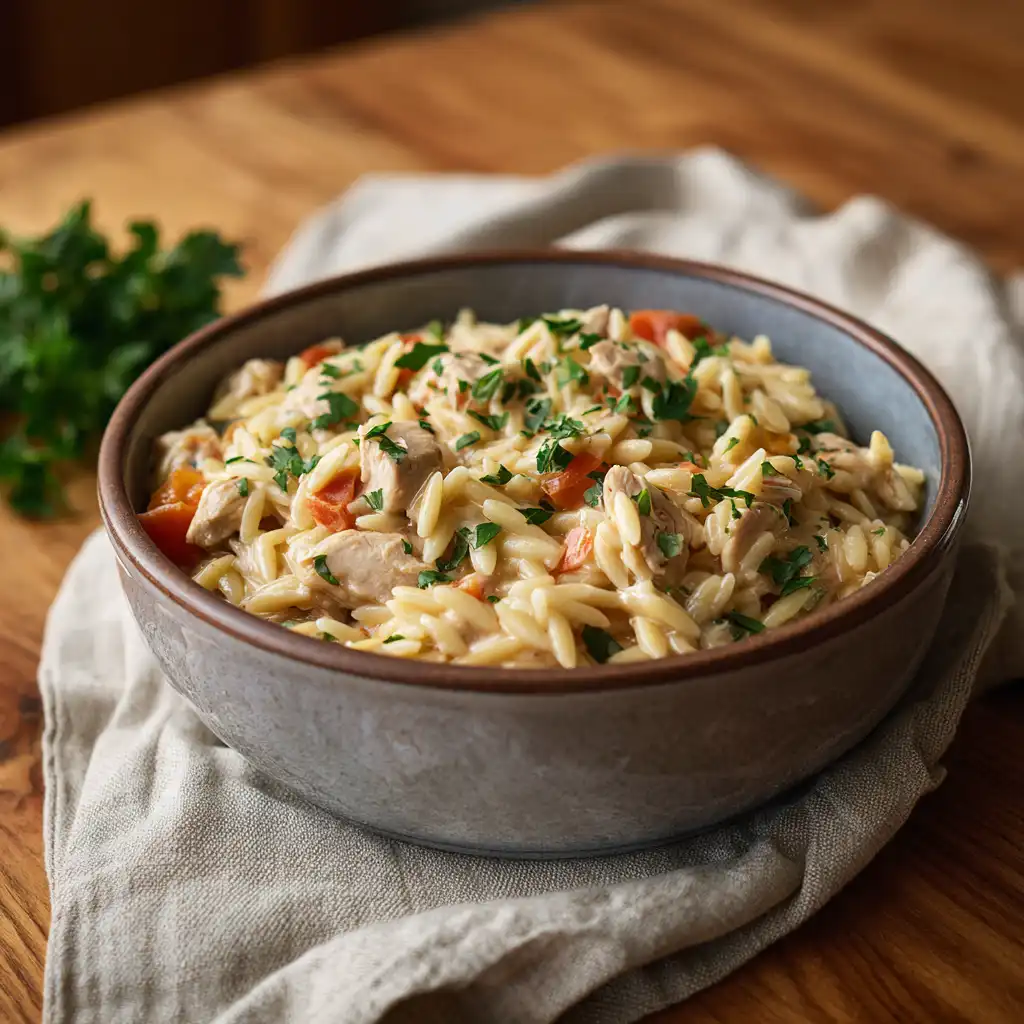 Reheated marry me chicken orzo in bowl