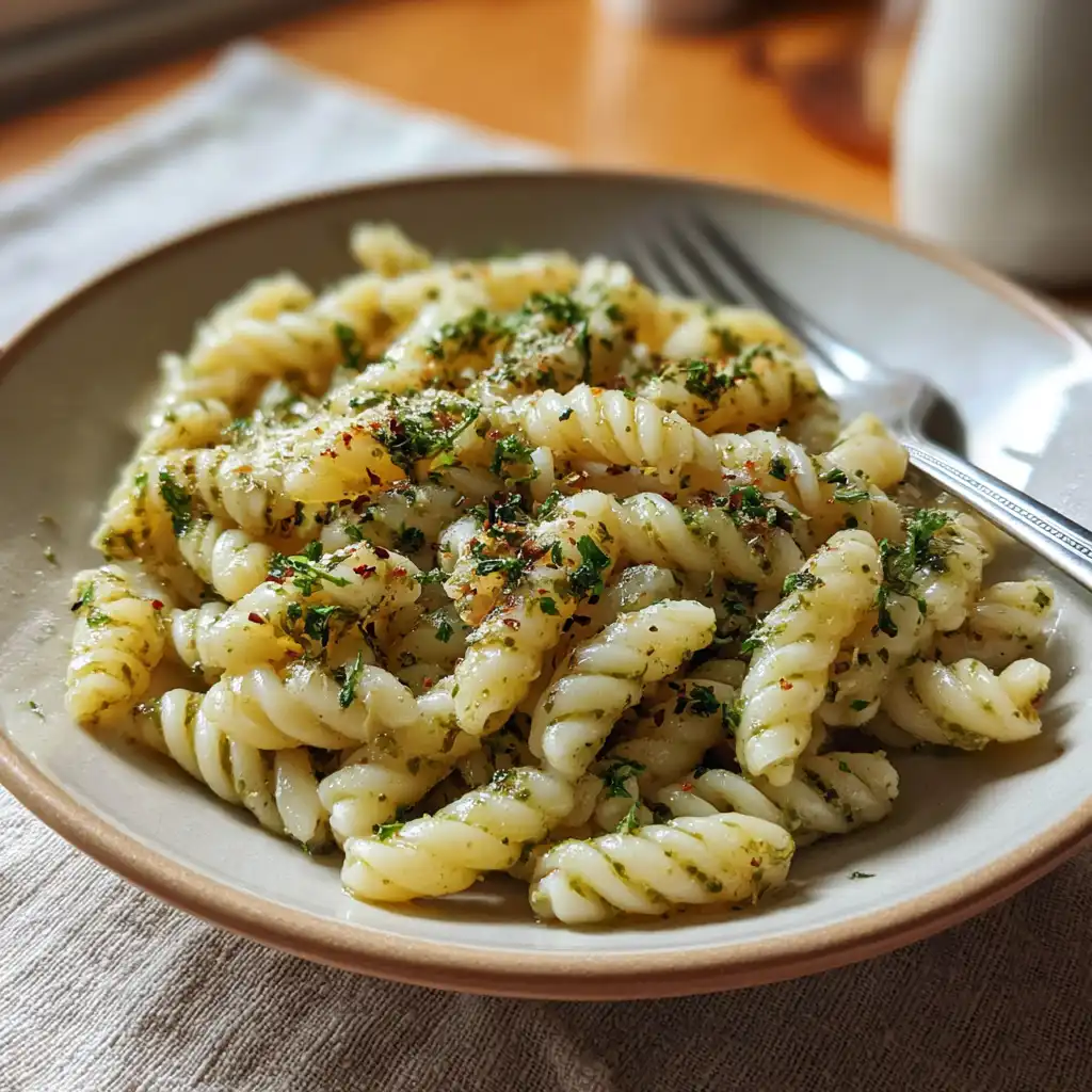 Reheating pesto pasta in rustic kitchen