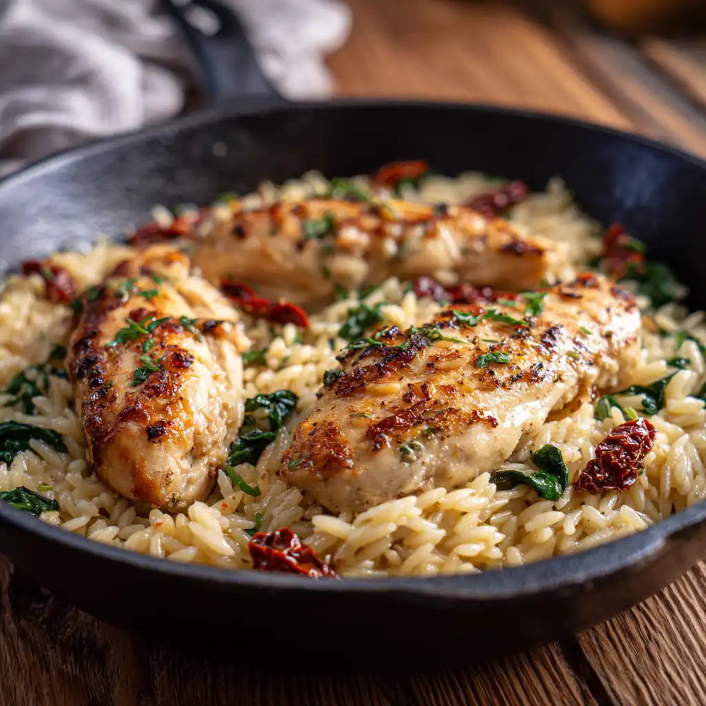 Seared chicken with sun dried tomatoes in skillet
