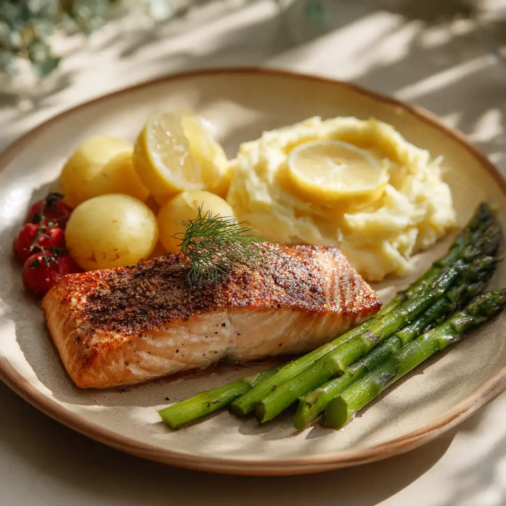Baked salmon served with asparagus and mashed potatoes