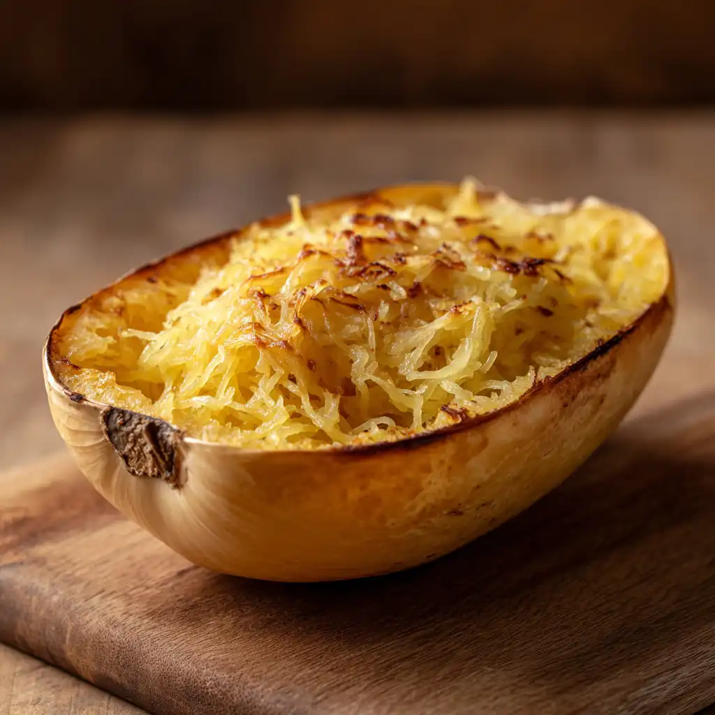 Baked spaghetti squash halves with golden edges