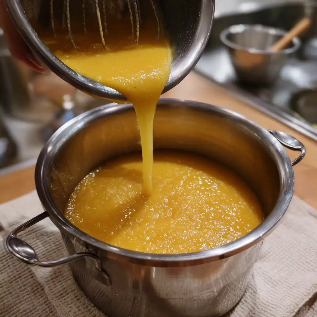 Blending butternut squash potage with immersion blender