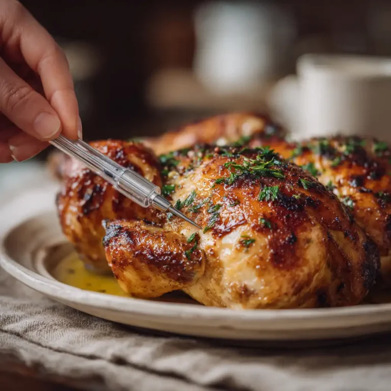 Thermometer inserted into the thickest part of cooked chicken