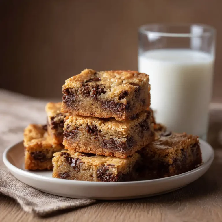 Stacked chocolate chip cookie bars with a glass of milk