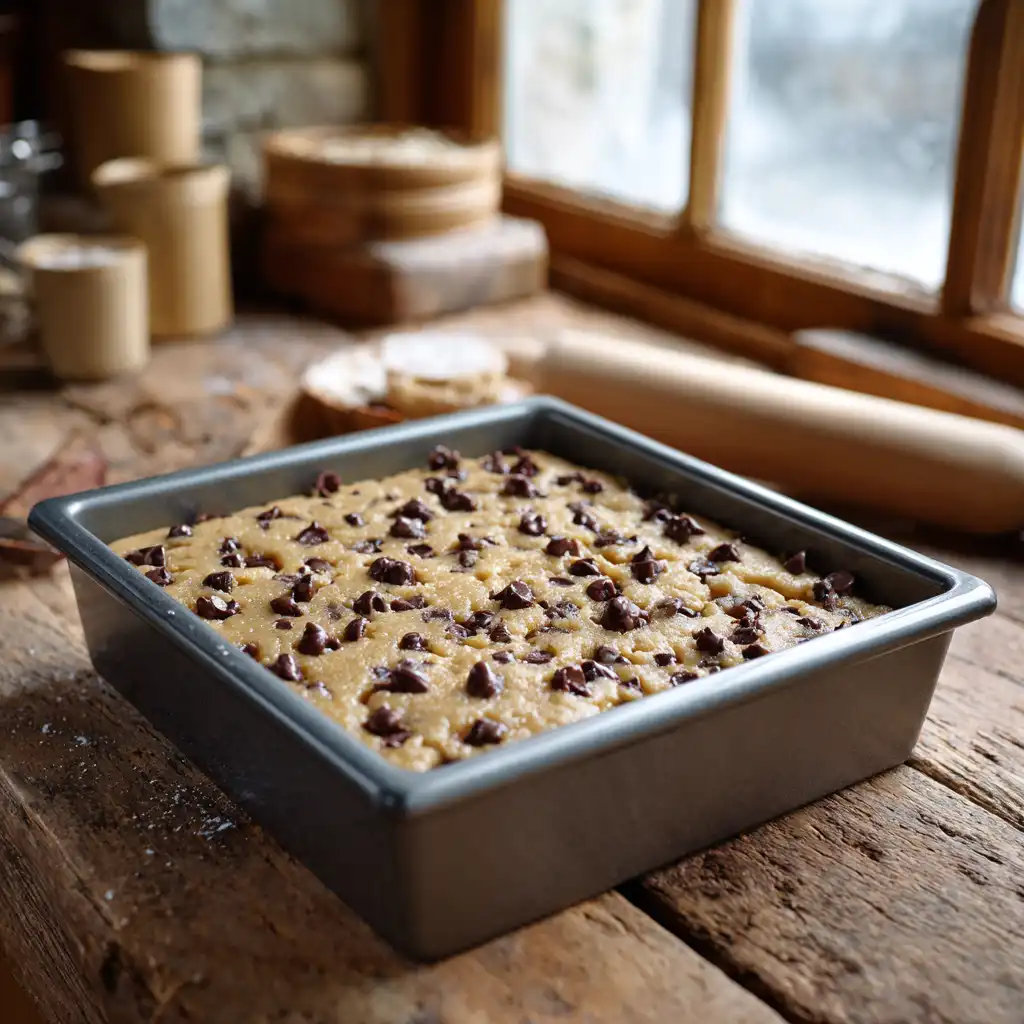 Chocolate chip cookie bar dough pressed into a baking pan