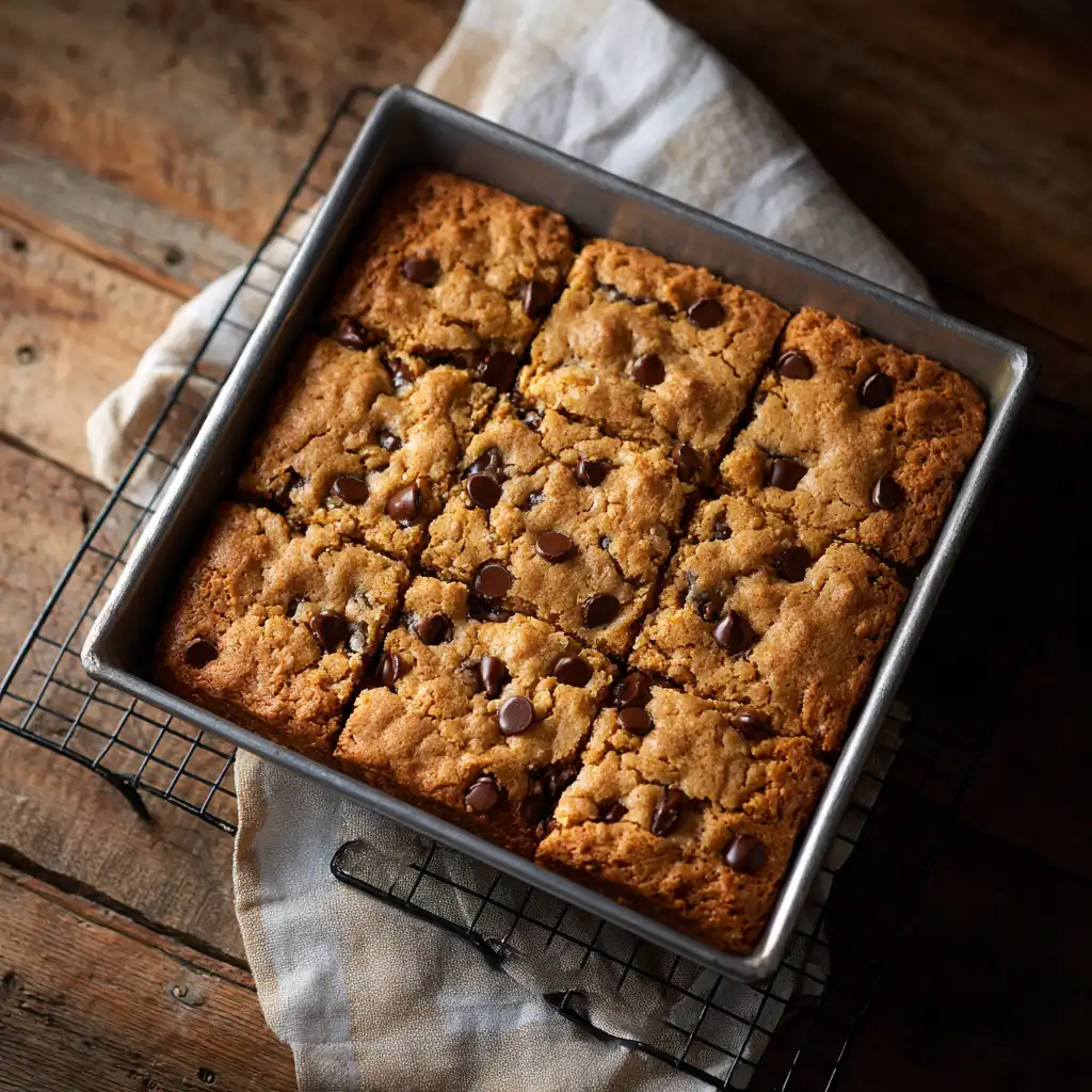 Golden brown chocolate chip cookie bars cooling in a pan