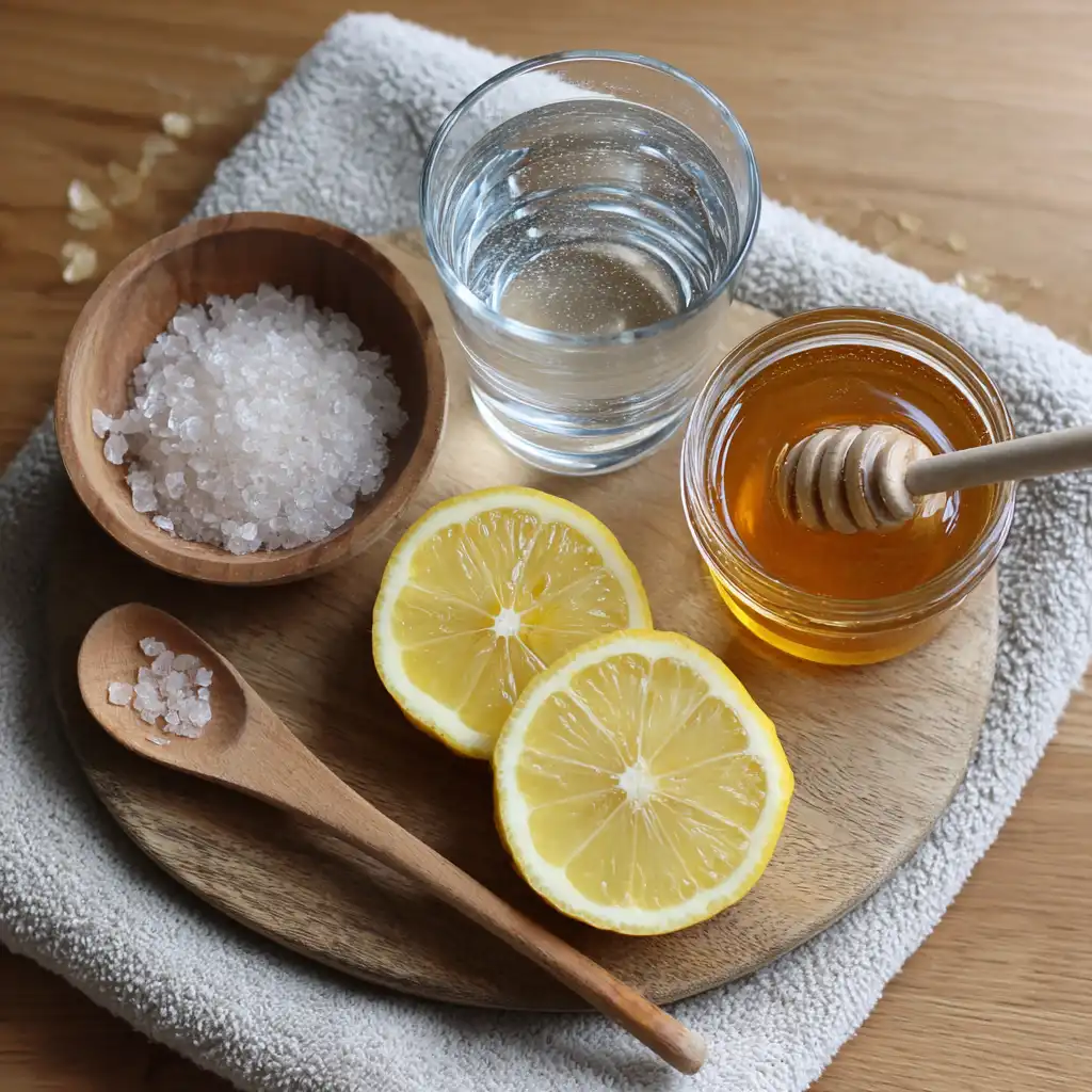 Ingredients for homemade electrolyte drink with sea salt and lemon