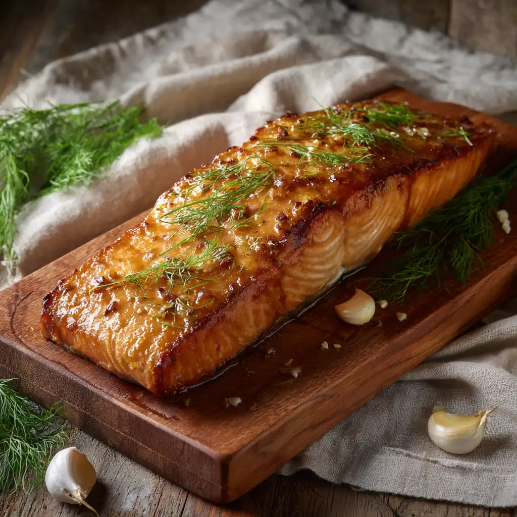 Honey glazed baked salmon at 400°F with garlic and dill