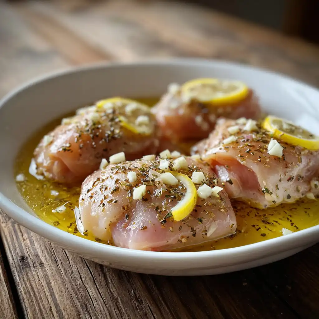 Raw chicken thighs marinating in lemon, garlic, and olive oil