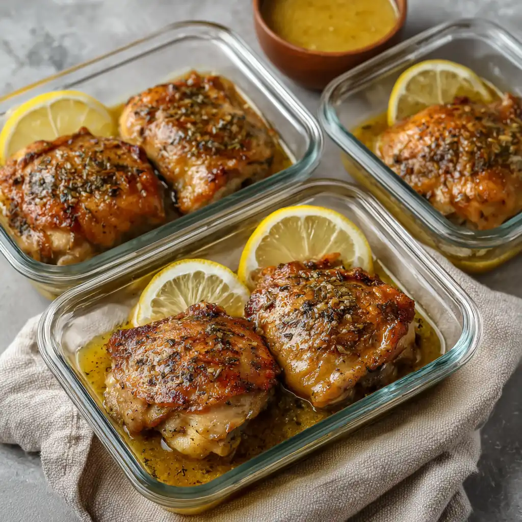 Meal prepped lemon garlic chicken thighs in containers