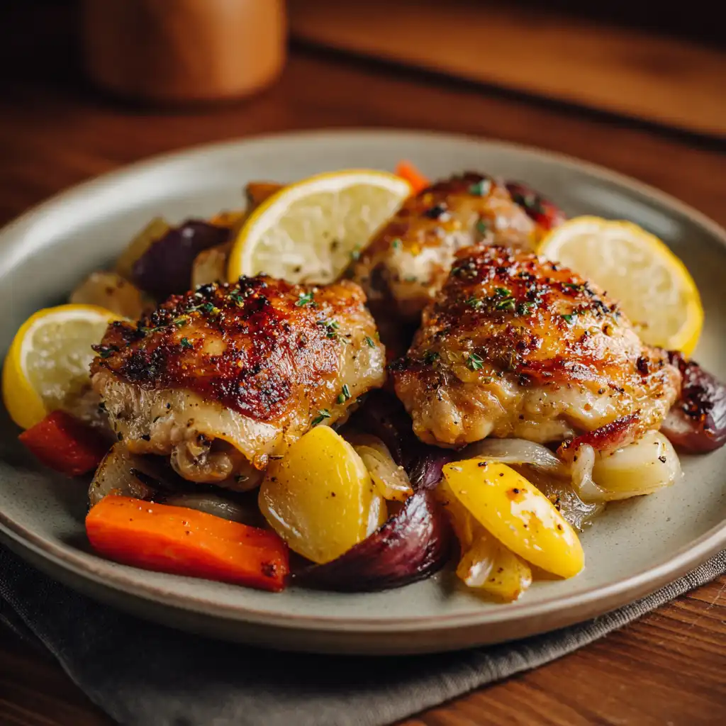Plated lemon garlic chicken thighs with vegetables