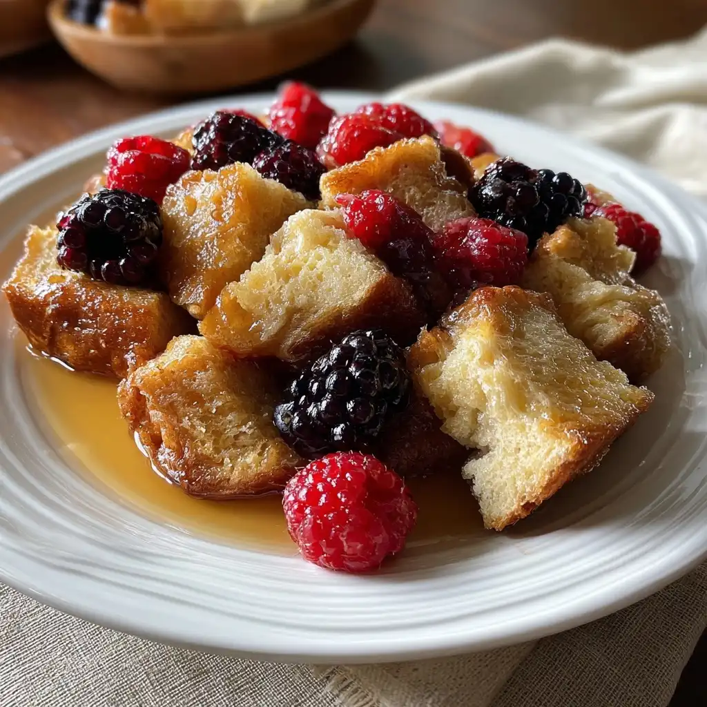 cubed bread soaking for overnight french toast casserole with berries