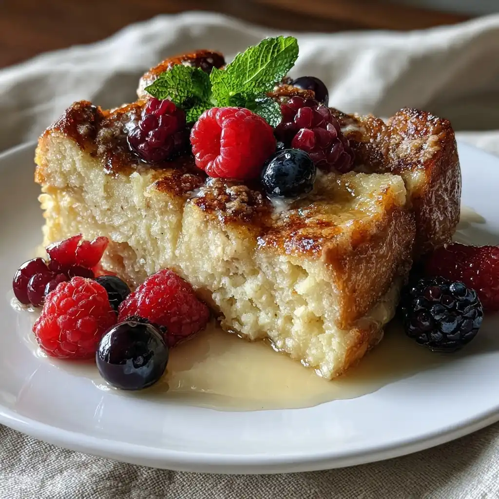serving of overnight french toast casserole with berries on a plate