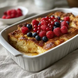 overnight french toast casserole with berries on rustic kitchen table