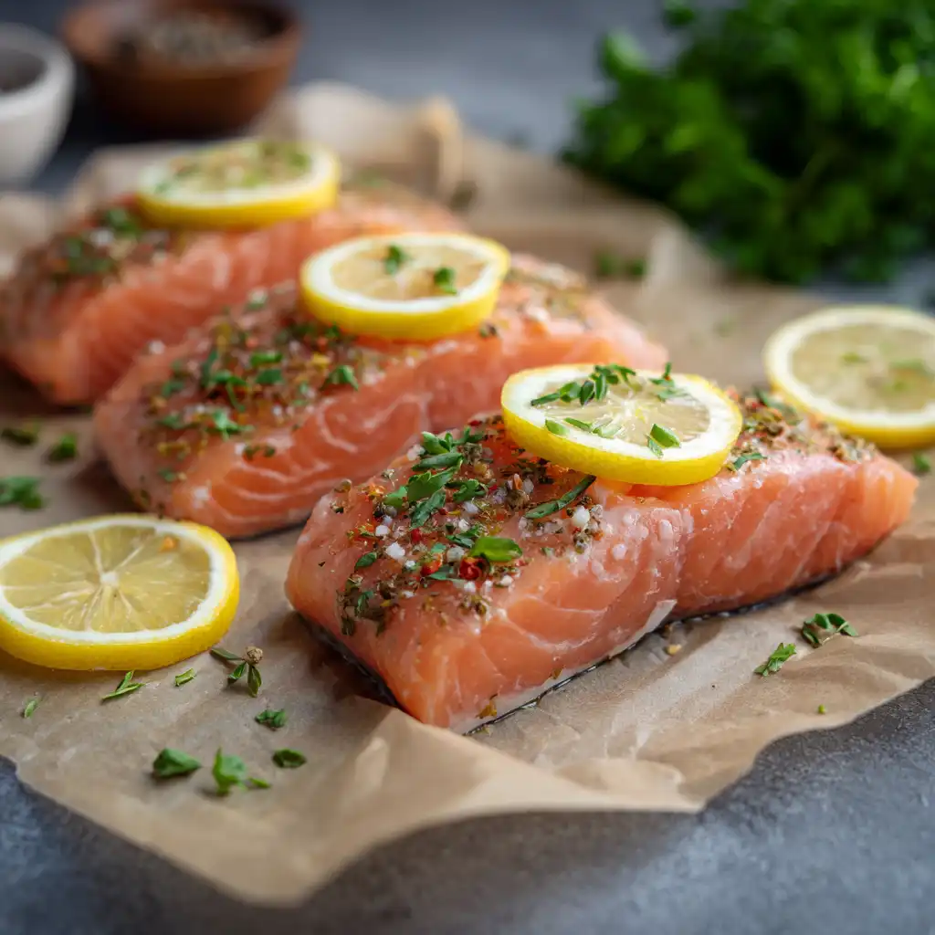 Raw salmon fillets with lemon and herbs before baking