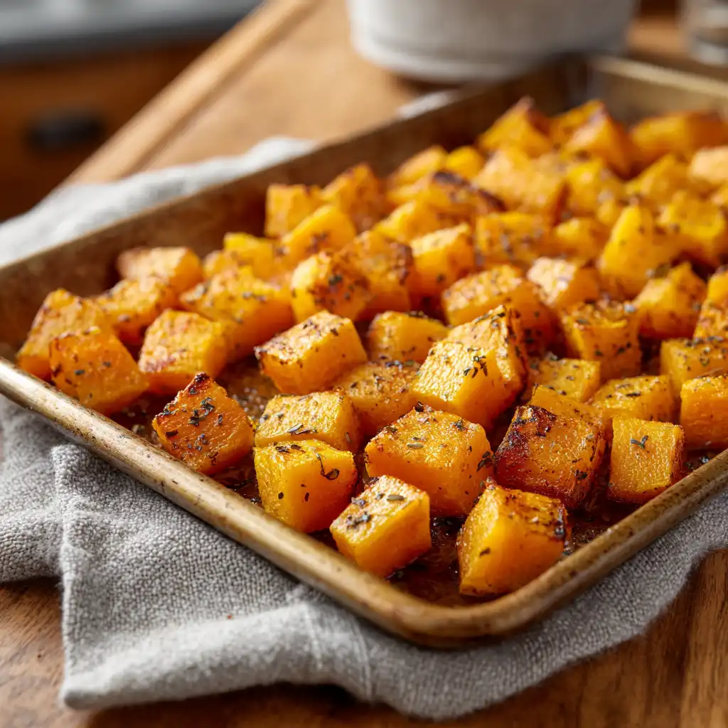 Roasted butternut squash cubes with golden edges